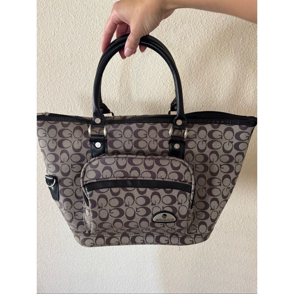 American flyer grey black womens double strap handbag canvas CG print traveler p